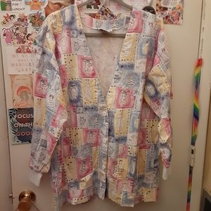 Universal Scrubs Button Cardigan Top XL Vintage Patchwork Cats Gardening
